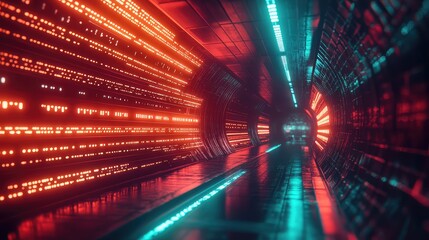 Digital data streaming through futuristic neon technology tunnel