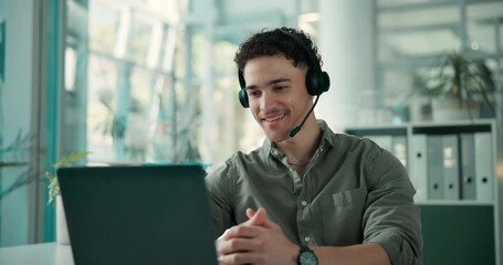 Headset, talking and business man on laptop in office for online advice, communication and consulting. Professional, call center and person on computer for virtual assistance, support and contact - Powered by Adobe