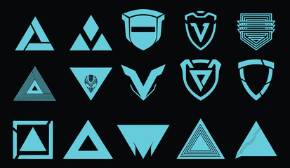 Futuristic Blue Emblem Grid – 16 Abstract Triangle & Shield Icons on Black Background