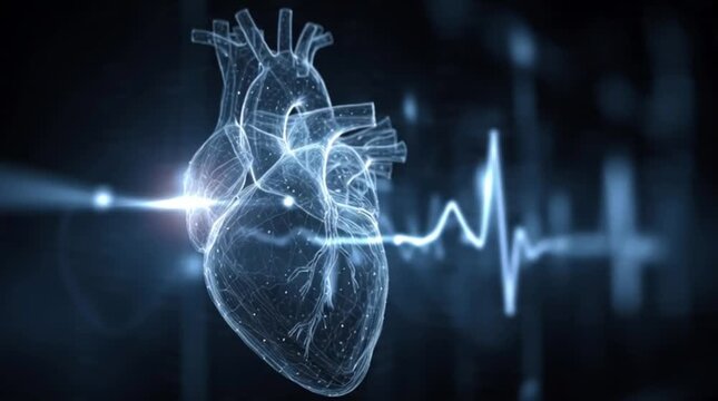 Beating human heart in x-ray with glowing ECG waveform - Powered by Adobe