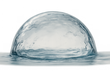 Water dome forming a transparent splash shape, liquid surface tension creating a fluid bubble outline on a clear background