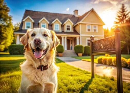 A joyful dog stands proudly beside a Sold sign in front of a stunning home, basking in the warmth of a sunny day