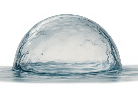 Water dome forming a transparent splash shape, liquid surface tension creating a fluid bubble outline on a clear background