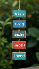 Naklejka premium Colorful wooden signs outdoor hanging show positive affirmations. You are strong amazing limitless loved messages inspire wellbeing self belief and confidence. Greenery background.