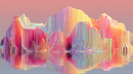 Colorful pixel mountains reflecting in calm water creating glitch art