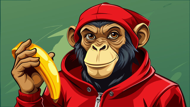 A photorealistic close-up portrait of a chimpanzee wearing a bright red hoodie, posing confidently while holding a peeled banana like a microphone, expressive and humorous character scene