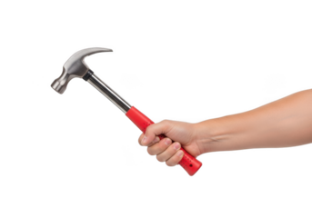 A strong human hand firmly grips a claw hammer with a red handle ready for construction tasks isolated on transparent background