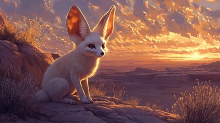 Fennec fox, its enormous ears lined with intricate golden filigree, curious and alert, warm desert twilight