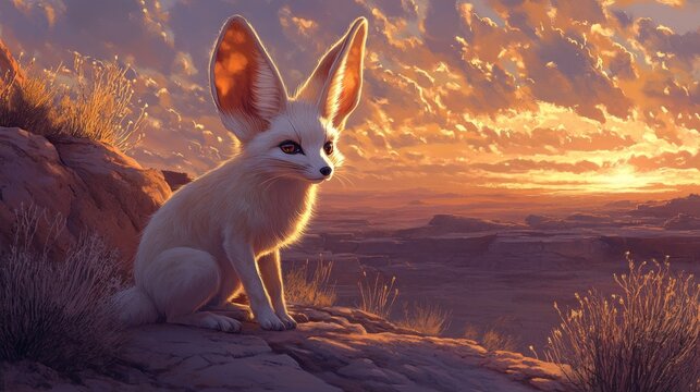 Fennec fox, its enormous ears lined with intricate golden filigree, curious and alert, warm desert twilight