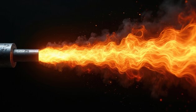 Metal pipe ejects bright orange fire stream with smoke particles. Intense glowing flames move fast against dark background. Abstract explosion energy flow, power concept.