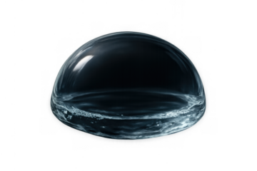 Water dome close-up, liquid droplet creating a bubble sphere with surface tension on a transparent background