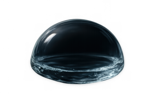 Water dome close-up, liquid droplet creating a bubble sphere with surface tension on a transparent background