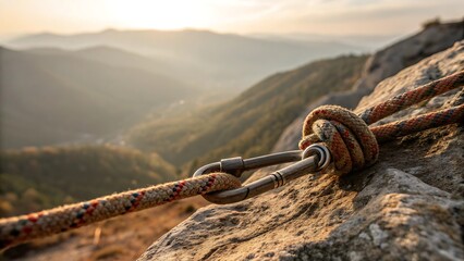 a close up view reveals a secure climbing rope connected to a metal carabiner anchored within a rugged rock face overlooking mountains