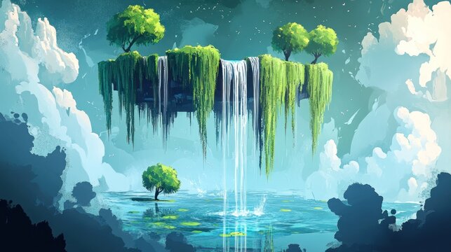 Waterfall flowing upwards into the sky, defying gravity, surrounded by floating islands with weeping willows, surreal art style
