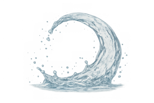 Water splash liquid wave creating an arc with drops on transparent background capturing purity and freshness