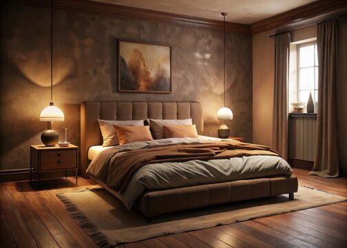 A serene haven beckons, where warm earth tones and plush textures envelop a tranquil nights rest  bed with brown comforter and pillows