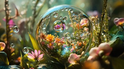 Dew drops that magnify miniature, fantastical spring scenes within them, magical realism