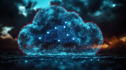 Ethereal cloud storage symbol, puffy transparent form, with blue data streams uploading, white file dots, red security outline, airy