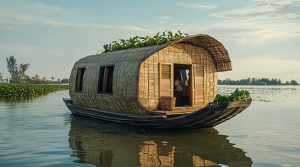 A Thai floating market boat that is also a tiny house, woven from dried water hyacinth that has petrified into a sturdy material