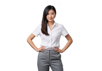 Young asian woman in a white collared shirt and gray trousers stands confidently with hands on hips isolated on transparent background