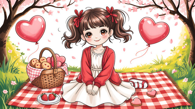 Anime girl having a picnic under cherry blossom trees with heart-shaped balloons enjoying a spring day in a cute illustration style
