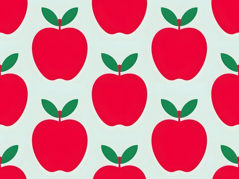 Seamless pattern of bright red apples with green leaves