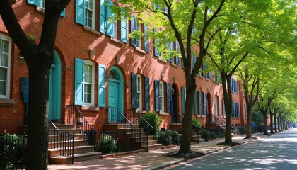 Brick row homes with aqua shutters line tree shaded street on sunny summer day. Classic urban architecture with arched doorways, stairs offer residential charm. Sidewalk, road create peaceful city