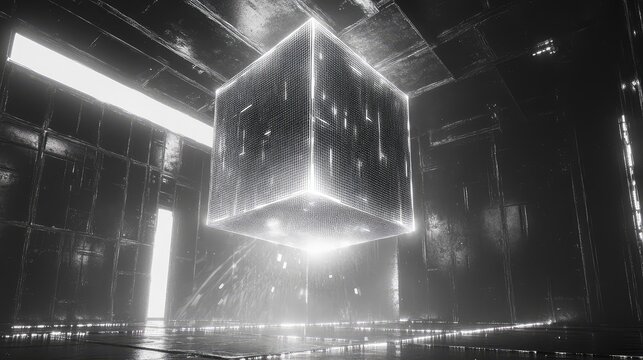 Glowing cube floating in dark futuristic data room