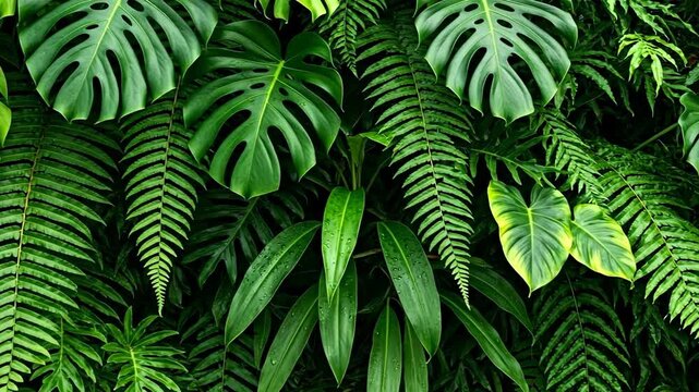 A vibrant display of lush green leaves and ferns in a tropical setting.