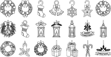 Obraz premium Christmas Holiday Line Art Vector Icons Set: Collection of festive decorations including wreaths, stockings, bells, lanterns, gifts, mistletoe, candles, candy canes.