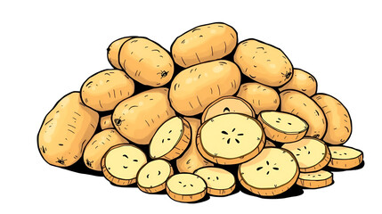 Potato drawing set. Vector Isolated potatoes heap, sliced pieces