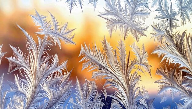 Close-up view of delicate ice crystals forming fern-like patterns on a window, with a soft, warm orange and yellow glow visible through the glass.