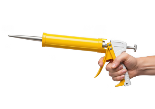 Hand holding a yellow and white caulking gun tool for applying sealant and adhesive materials isolated on transparent background