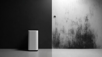 dehumidifier. A split composition of a dry wall and a moldy surface with a dehumidifier in the center. ESG reports, sustainability campaigns, designed for environmental awareness campaigns.