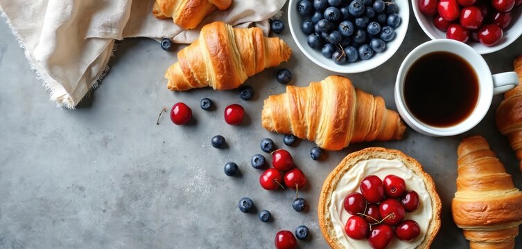 Golden croissants with fresh blueberries and cherries on textured gray surface. Cup of black coffee beside pastries and fruit. Morning meal with cream cheese bread.