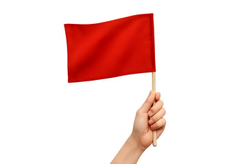 Hand Holding Red Flag Isolated on White Background