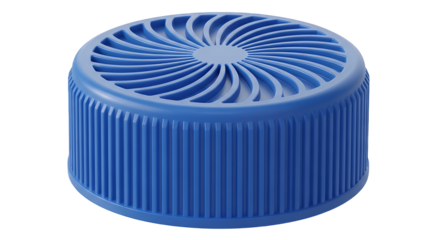 Vibrant blue plastic cap with a distinctive spiral patterned top and ribbed cylindrical sides, designed for various containers, isolated on a clean transparent background