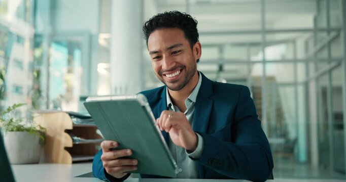 Smile, financial advisor and man in office, tablet and profit increase with stock market. Person, investor and employee in workplace, tech or success with trading portfolio, winning or bonus with app