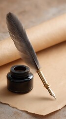 Quill Pen and Inkwell on Parchment Vintage Writing Tools Still Life Composition