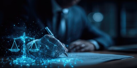 Legal document signing action office digital art professional environment close-up view legal concept explored