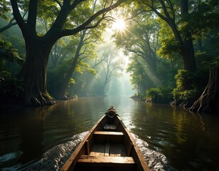 Wooden canoe floats on wide river thru dense green jungle. Sun rays pierce thru tree canopy onto calm water. Rich foliage lines riverbank in remote wilderness.