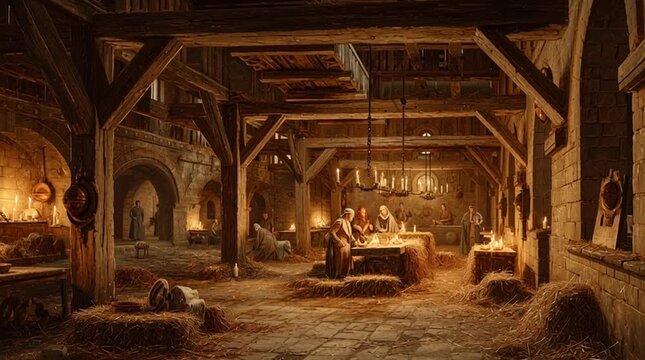 A Bethlehem stable depicted in the style of a 19th-century painting, with soft candlelight illuminating intricate straw details and a warm, spiritual ambiance.