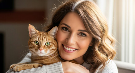 A young woman happily embracing a fluffy orange tabby cat. She is smiling directly at the camera while holding the cat close to her chest. They appear to be indoors in a cozy, sunlit room.