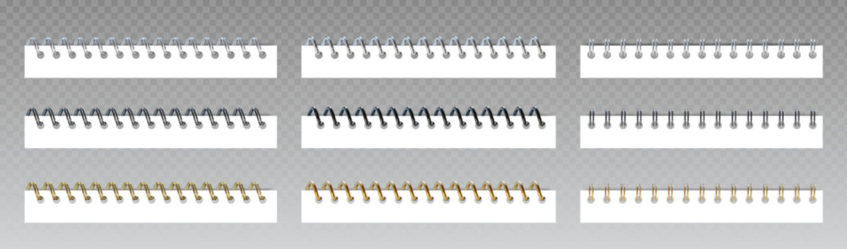 Collection of spiral binders for notebooks isolated on transparent background. Vector realistic illustration of metallic, golden, black rings on edge of paper notepad, calendar or sketchbook bind