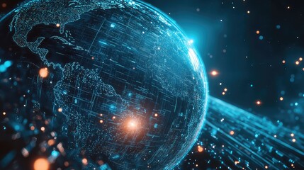 Global network connecting continents with digital data streams