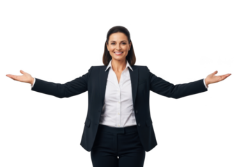 Smiling professional woman in a dark suit extends arms wide in a welcoming gesture isolated on transparent background