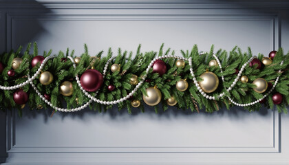 Festive evergreen garland adorned with shimmering baubles and delicate pearls, perfect for holiday decoration