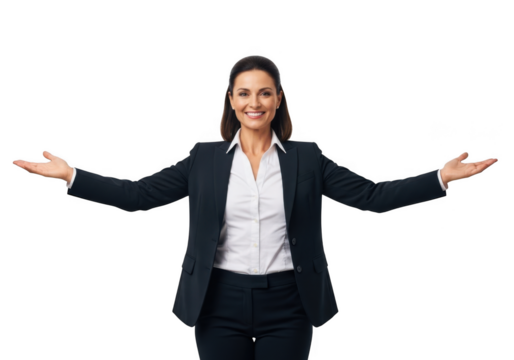Smiling professional woman in a dark suit extends arms wide in a welcoming gesture isolated on transparent background