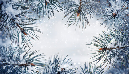 A natural winter frame made of snow-covered fir tree branches with a soft, blurred background for holiday greetings