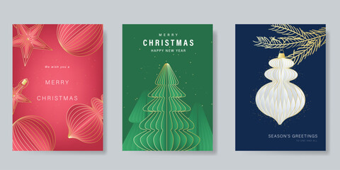 Merry Christmas and Happy New Year greeting card vector set. Luxury invitation with Christmas tree, leaves, sparkle, spot texture on navy blue background. Design illustration for season's card, ads.